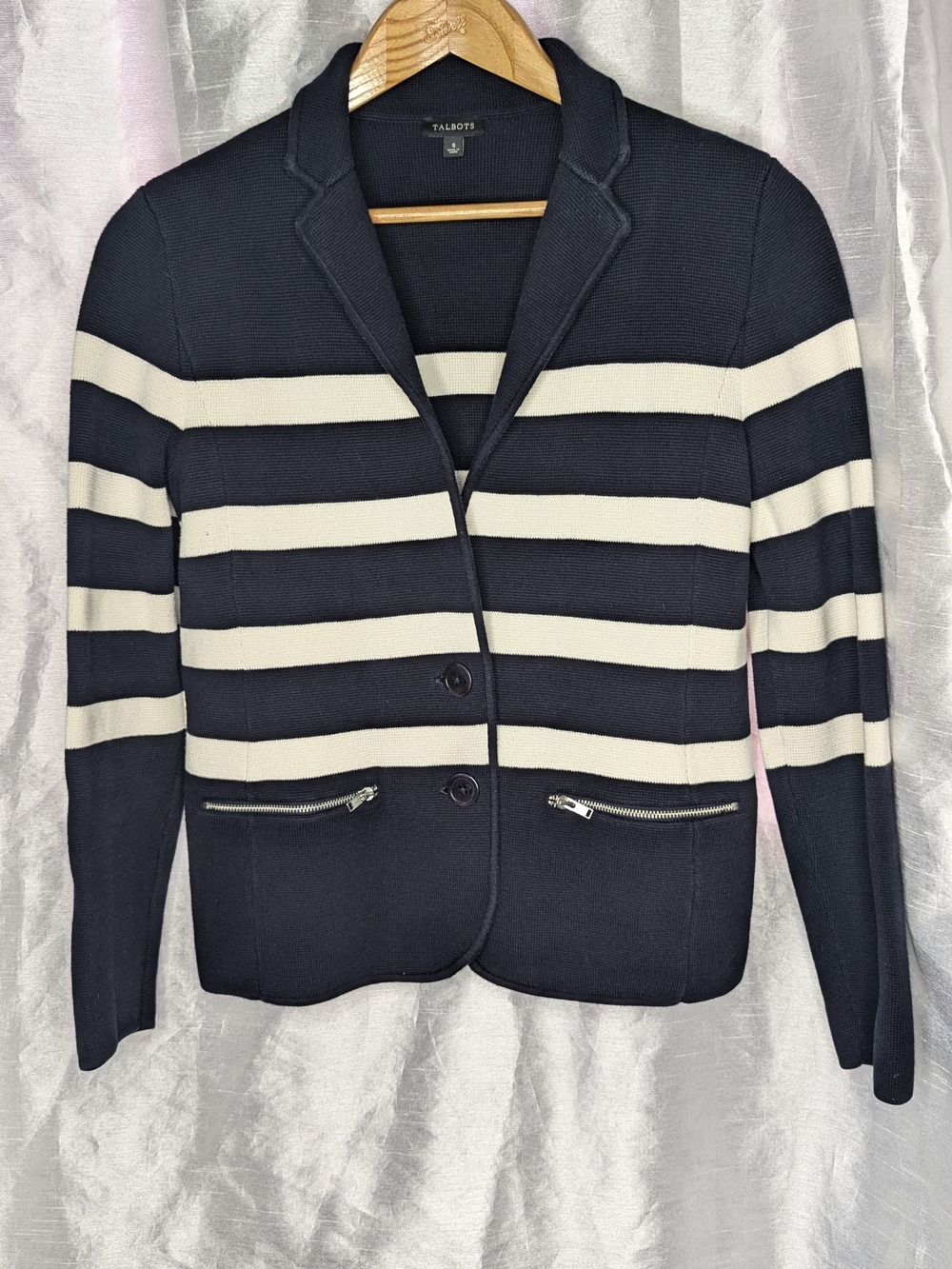 Talbots Vintage Nautical Navy White Striped Knit Collared Button Cardigan Small